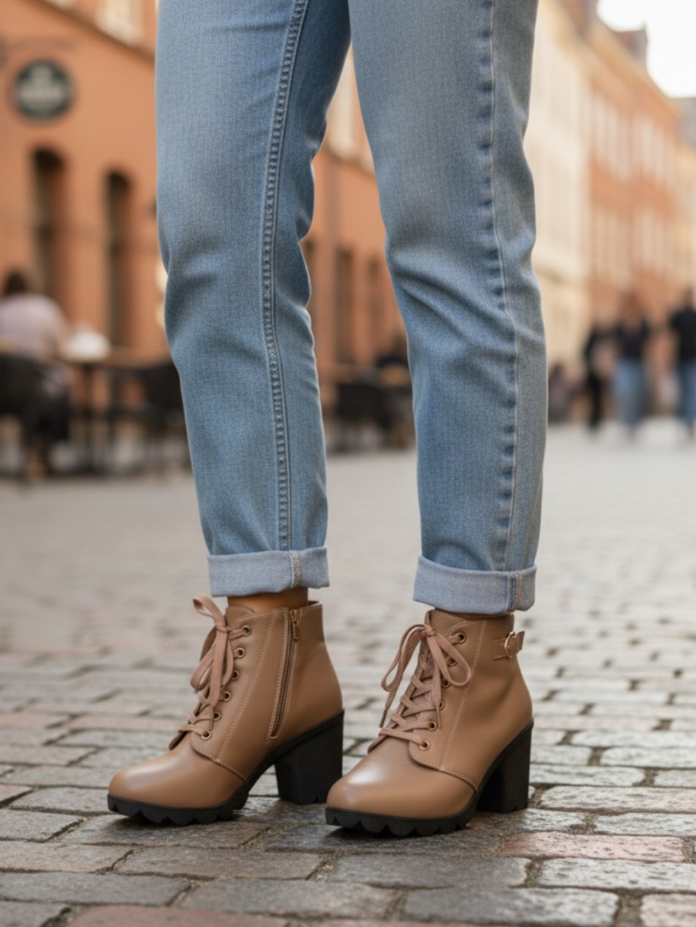 Brown Ankle Boots with Chunky Heel, Lace-up  and Zipper Closure woman’s 9